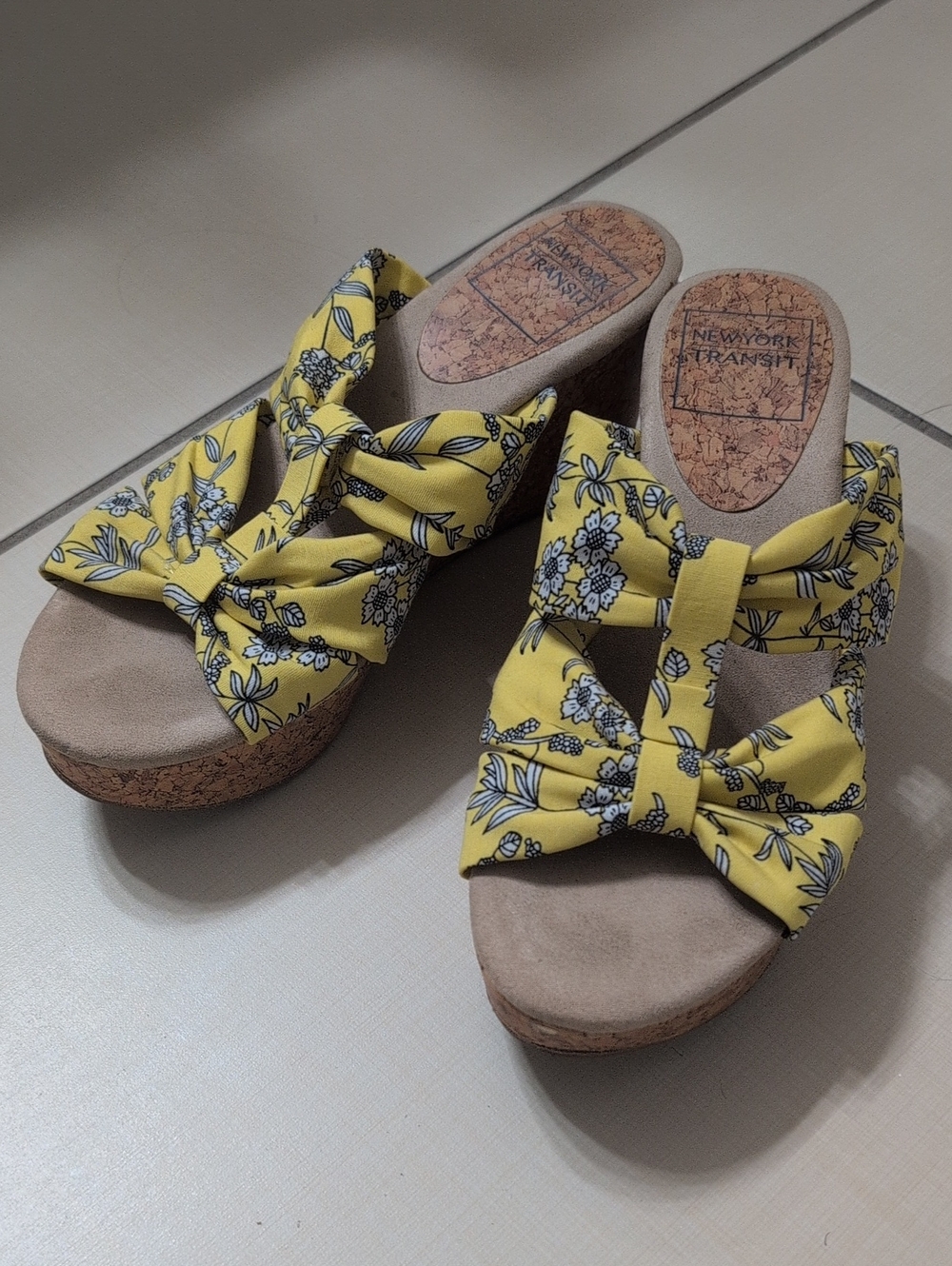 New York Transit Yellow Floral Knot-Front Cork Wedge Mules